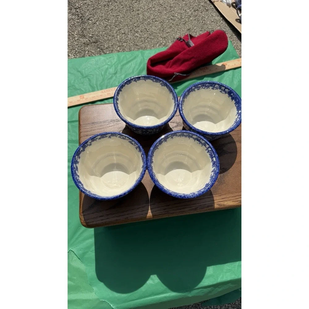 Set of 4 Blue Spongeware Farm Animal Bowls Rustic Pottery Cups‎